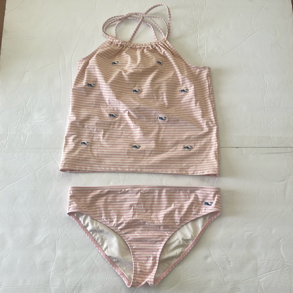 Vineyard Vines Pink and White striped blue Whale Bathing Suit size XL 16